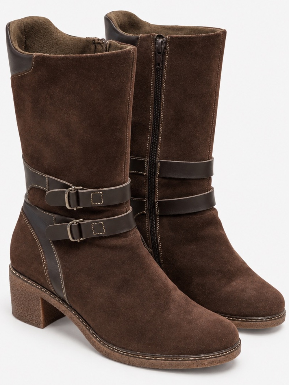 Aquatalia Italian Brown Suede Double Buckle Mid-Calf Boots Block Heel Size 8.5